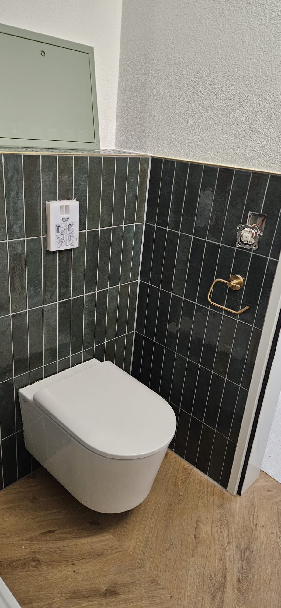 Wand-WC vor grüner Stäbchenwand mit goldenem Papierhalter